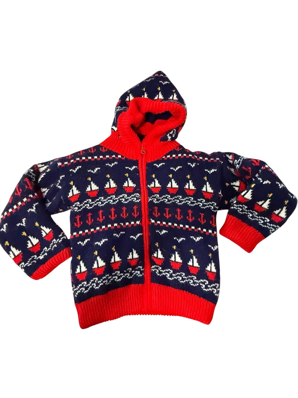 Vintage Nautical Sailboat Anchor Knit Zip Up Hoodie Navy Red Kids Sweater
